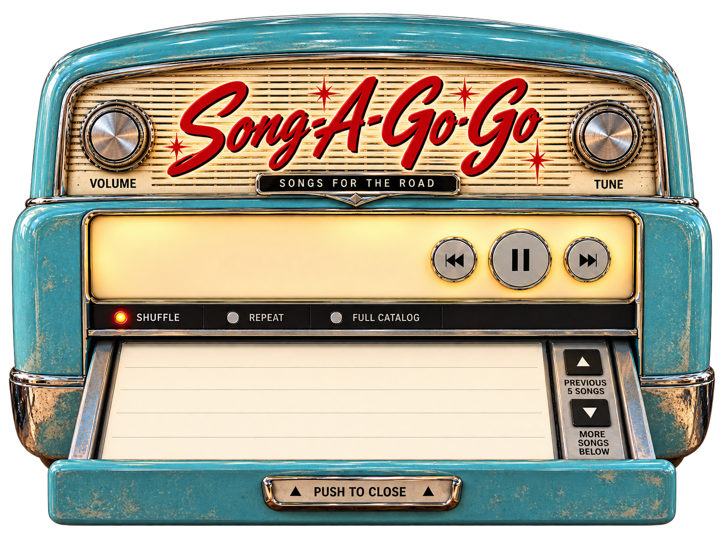 Song-A-Go-Go powder-blue vintage dashboard radio with song drawer open